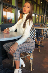 Beige Check Frill Detail Trousers - Bristal-Trousers