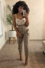 Beige Check Frill Detail Trousers - Bristal-Trousers