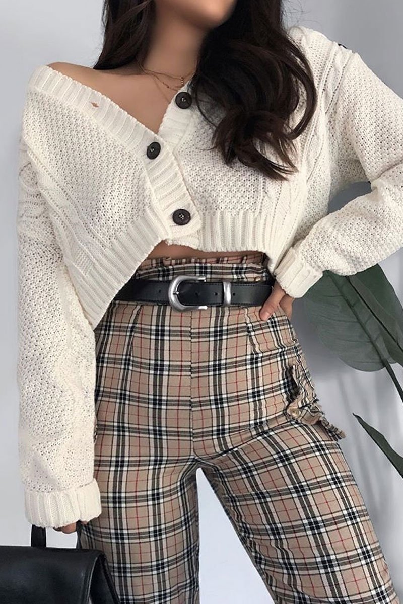 Beige Check Frill Detail Trousers - Bristal-Trousers