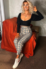 Beige Check Frill Detail Trousers - Bristal-Trousers