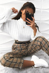 Beige Check Frill Detail Trousers - Bristal-Trousers