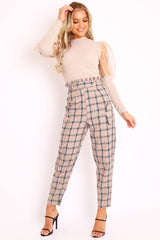 Beige Check Frill Detail Trousers - Bristal-Trousers