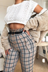 Beige Check Frill Detail Trousers - Bristal-Trousers