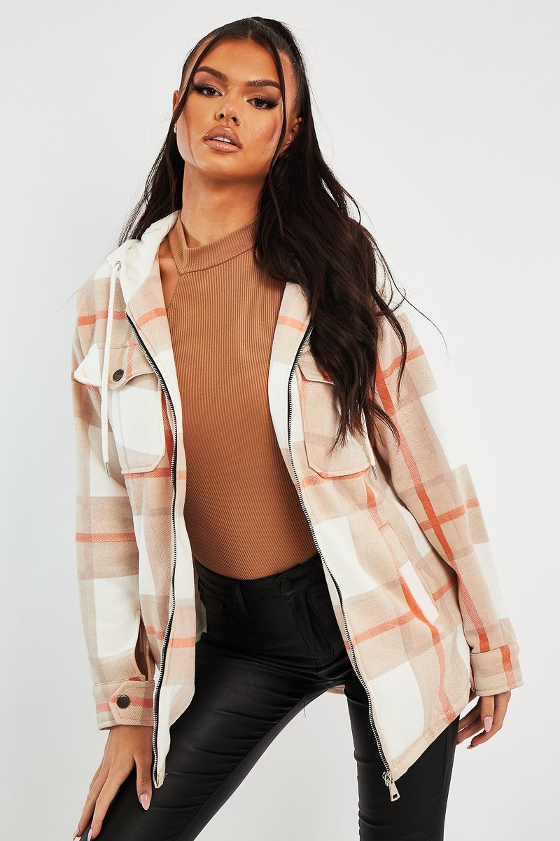 Beige Check Hooded Shacket - Destyn-Shacket