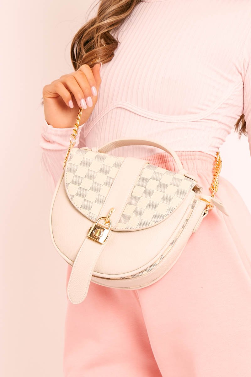 Beige Check Lock Saddle Bag - Roza-Bags