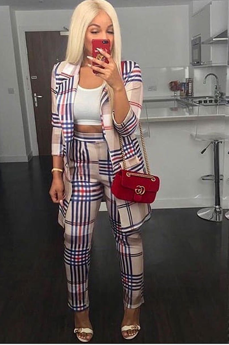 Beige Check Long Line Blazer - Trudey-Blazers