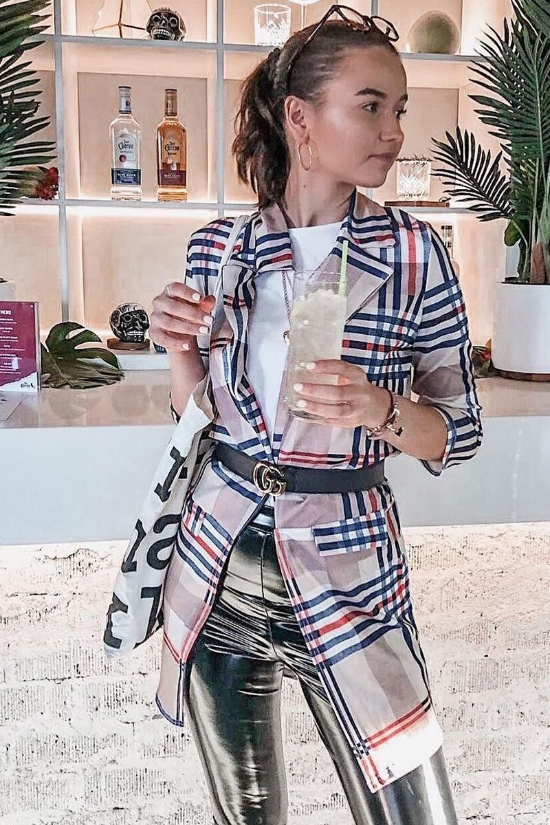 Beige Check Long Line Blazer - Trudey-Blazers