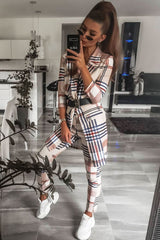 Beige Check Long Line Blazer - Trudey-Blazers