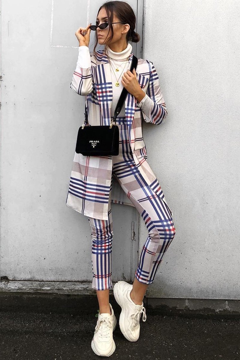 Beige Check Long Line Blazer - Trudey-Blazers