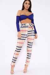 Beige Check Print Paper Bag Tie Waist Tapered Trousers - Ashi-Trousers