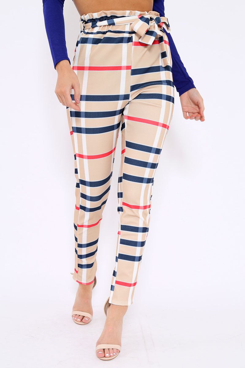 Beige Check Print Paper Bag Tie Waist Tapered Trousers - Ashi-Trousers