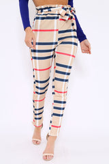 Beige Check Print Paper Bag Tie Waist Tapered Trousers - Ashi-Trousers