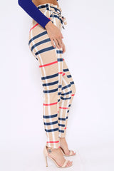 Beige Check Print Paper Bag Tie Waist Tapered Trousers - Ashi-Trousers