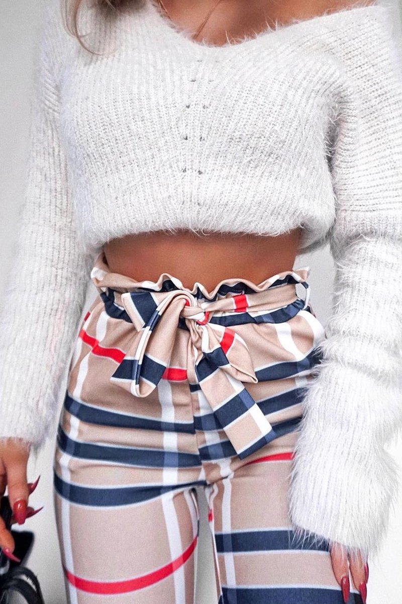 Beige Check Print Paper Bag Tie Waist Tapered Trousers - Ashi-Trousers