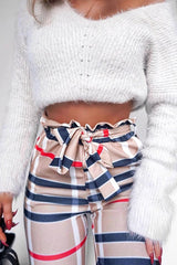 Beige Check Print Paper Bag Tie Waist Tapered Trousers - Ashi-Trousers