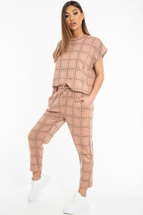 Beige Check Short Sleeve Top and Jogger Set - Aimy-Co-ords