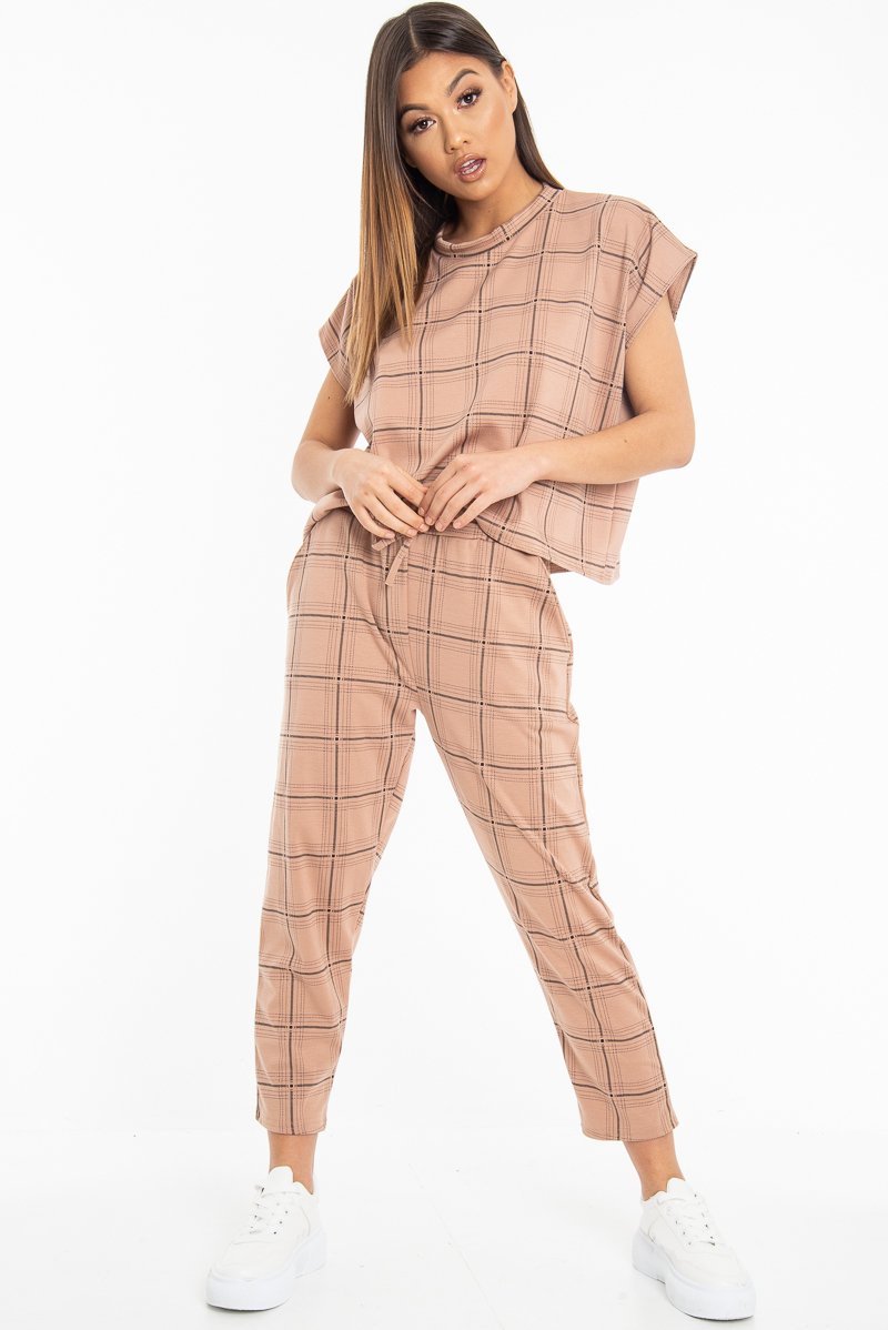 Beige Check Short Sleeve Top and Jogger Set - Aimy-Co-ords