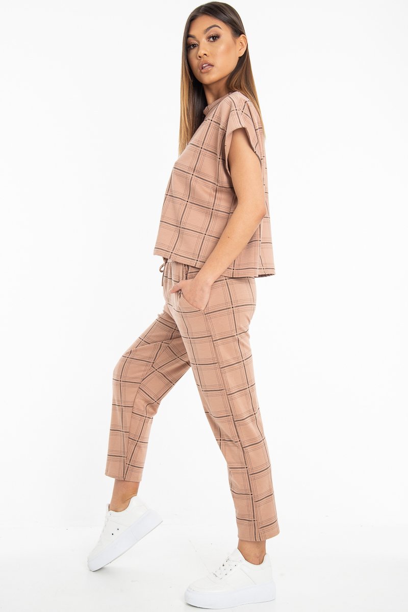 Beige Check Short Sleeve Top and Jogger Set - Aimy-Co-ords