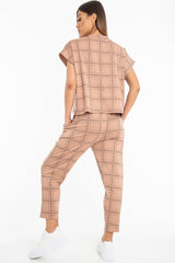 Beige Check Short Sleeve Top and Jogger Set - Aimy-Co-ords