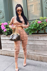 Beige Check Short Sleeve Top and Jogger Set - Aimy-Co-ords