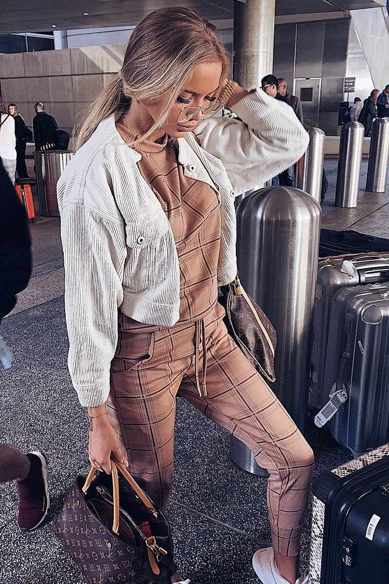 Beige Check Short Sleeve Top and Jogger Set - Aimy-Co-ords