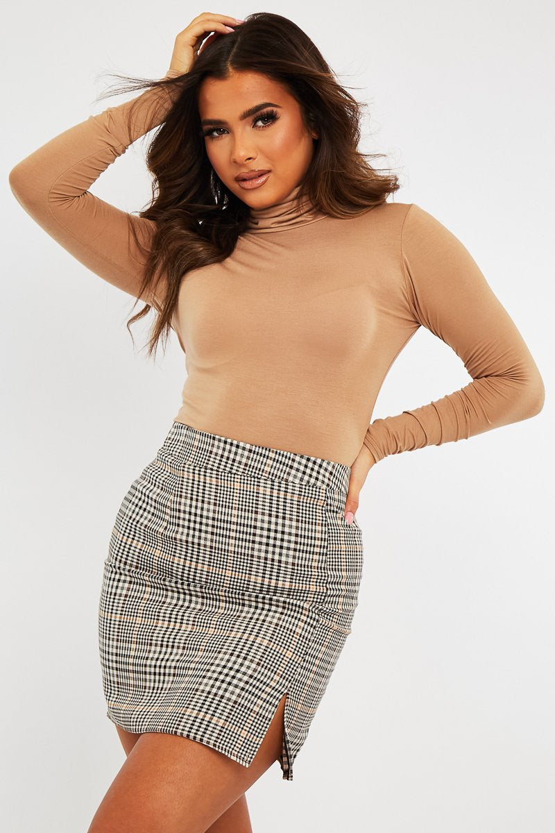 Beige Check Side Split Mini Skirt - Clare-Skirts