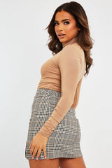 Beige Check Side Split Mini Skirt - Clare-Skirts