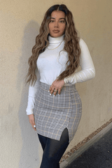 Beige Check Side Split Mini Skirt - Clare-Skirts
