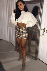 Beige Check Side Split Skirt - Zelle-Skirts
