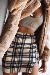 Beige Check Side Split Skirt - Zelle-Skirts