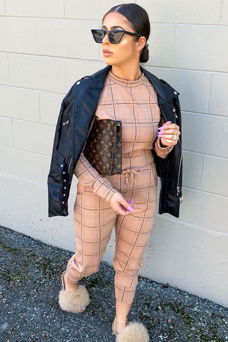 Beige Check Sweatshirt Joggers Loungewear Set - Mica-Co-ords