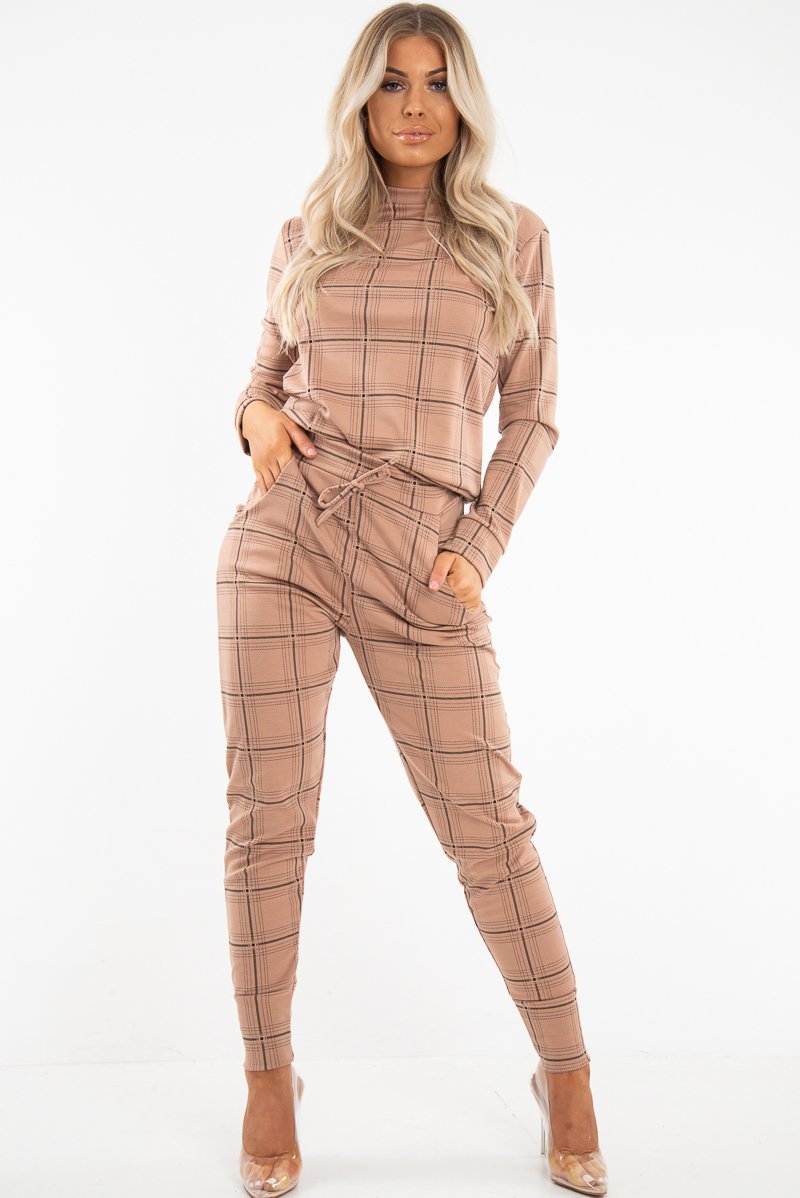 Beige Check Sweatshirt Joggers Loungewear Set - Mica-Co-ords