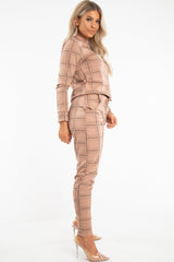 Beige Check Sweatshirt Joggers Loungewear Set - Mica-Co-ords