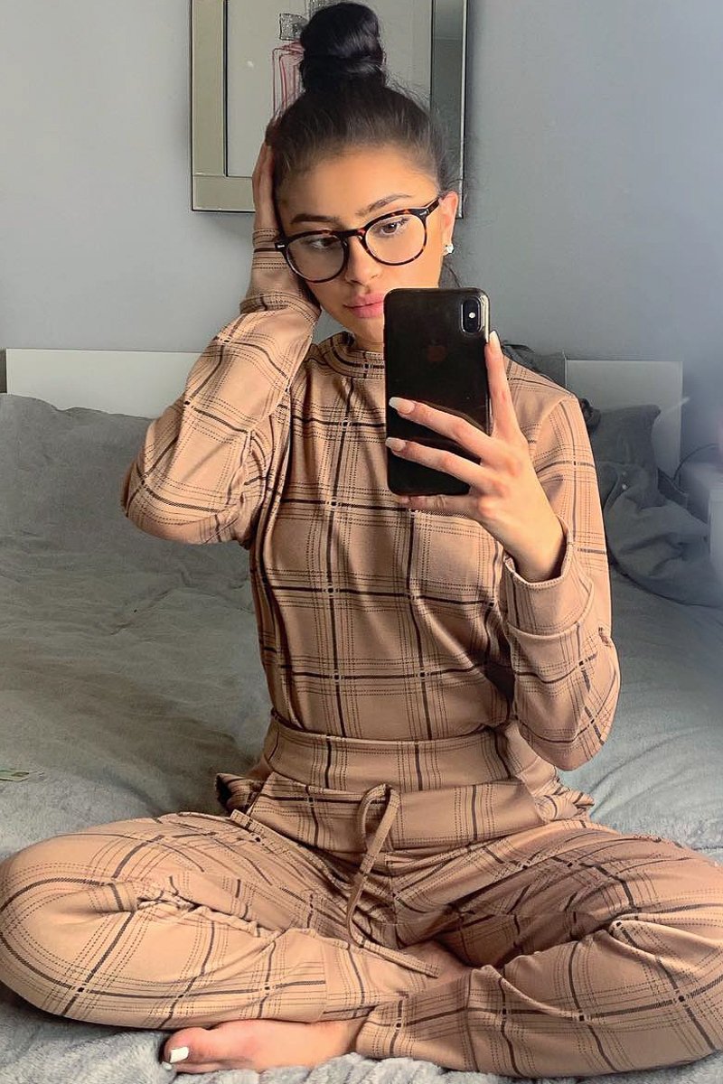 Beige Check Sweatshirt Joggers Loungewear Set - Mica-Co-ords