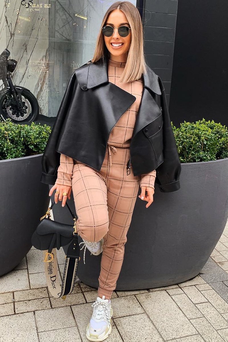 Beige Check Sweatshirt Joggers Loungewear Set - Mica-Co-ords