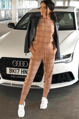 Beige Check Sweatshirt Joggers Loungewear Set - Mica-Co-ords