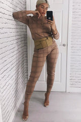 Beige Check Sweatshirt Joggers Loungewear Set - Mica-Co-ords