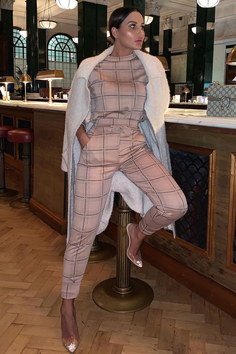 Beige Check Sweatshirt Joggers Loungewear Set - Mica-Co-ords