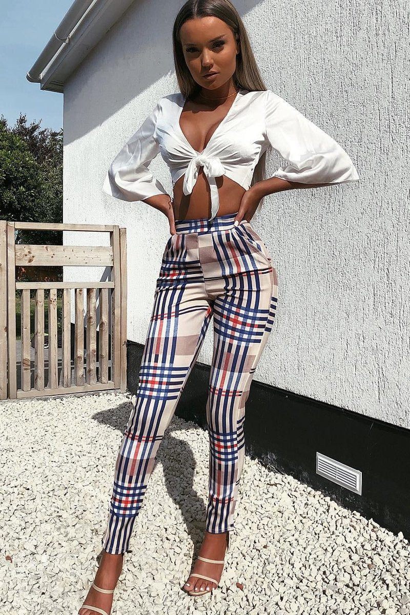 Beige Check Tapered Trousers - Jasmyn-Trousers