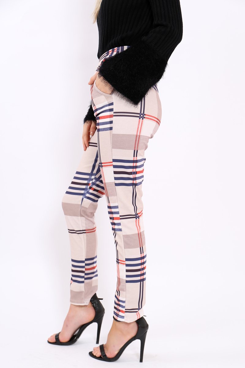 Beige Check Tapered Trousers - Jasmyn-Trousers