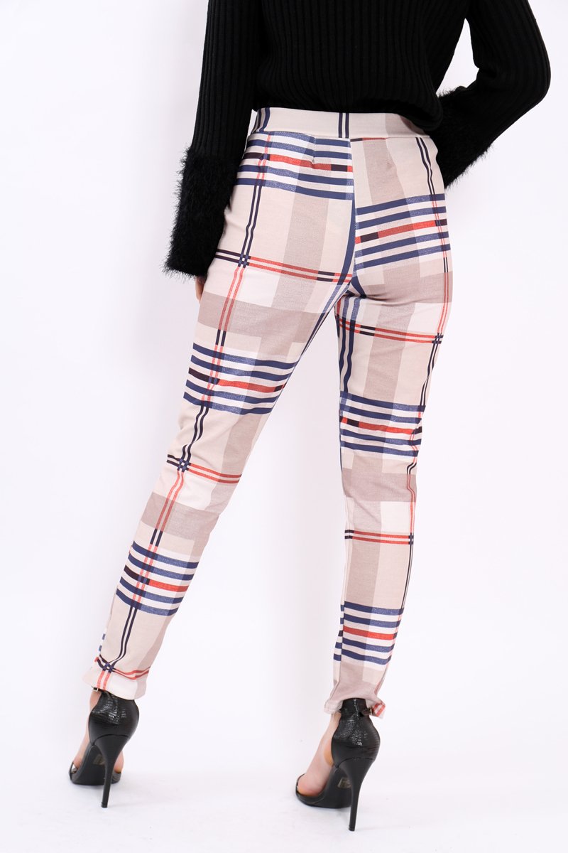 Beige Check Tapered Trousers - Jasmyn-Trousers