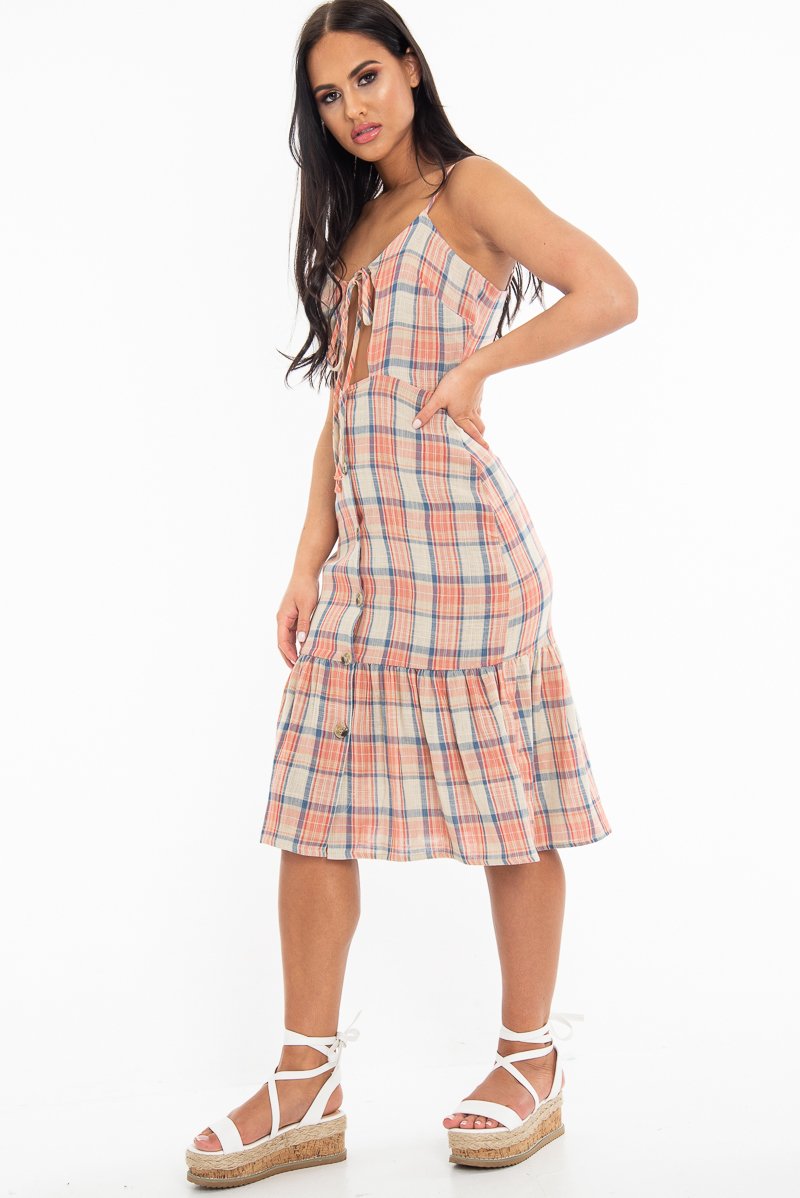 Beige Check Tie Button Front Ruffle Hem Midi Dress - Lorenza-Dresses