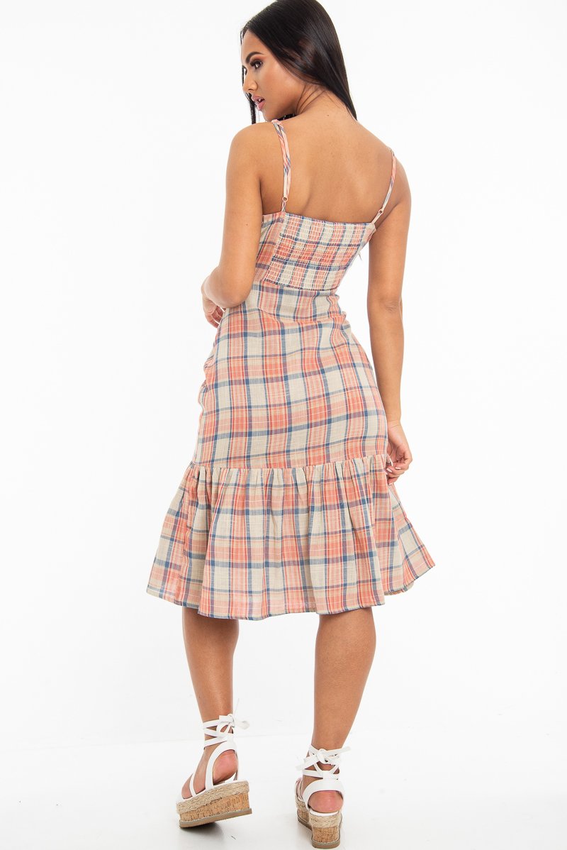 Beige Check Tie Button Front Ruffle Hem Midi Dress - Lorenza-Dresses
