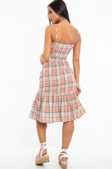 Beige Check Tie Button Front Ruffle Hem Midi Dress - Lorenza-Dresses