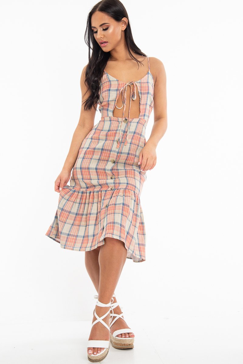 Beige Check Tie Button Front Ruffle Hem Midi Dress - Lorenza-Dresses