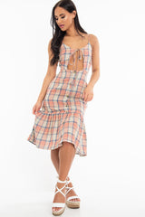 Beige Check Tie Button Front Ruffle Hem Midi Dress - Lorenza-Dresses