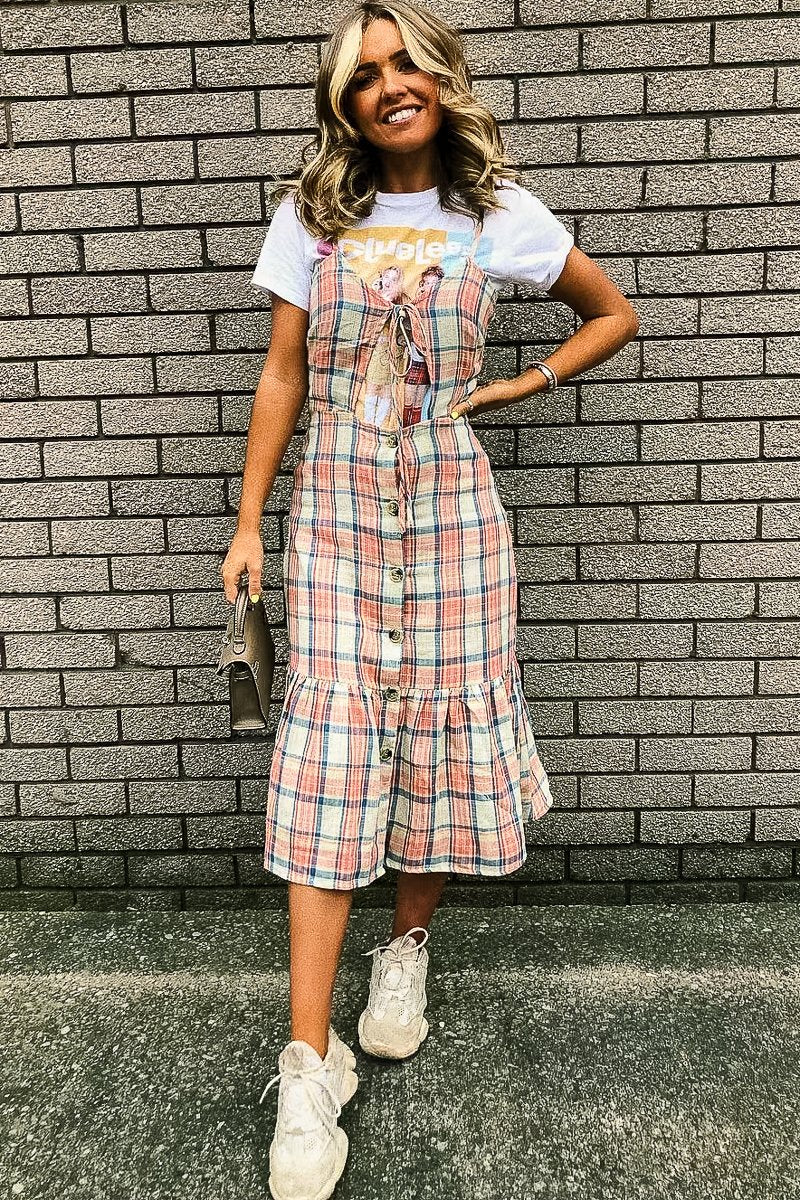 Beige Check Tie Button Front Ruffle Hem Midi Dress - Lorenza-Dresses