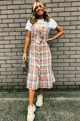 Beige Check Tie Button Front Ruffle Hem Midi Dress - Lorenza-Dresses