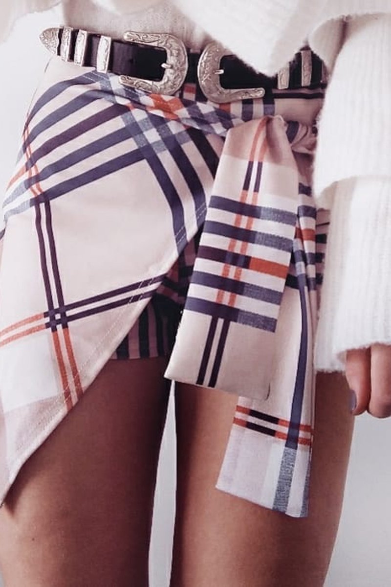 Beige Check Tie Front Skort - Retta-Skorts