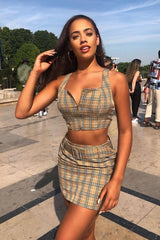 Beige Check Zip Front Bralet Belted Skirt Co-Ord - Cherise-Co-ords